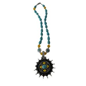 Turquoise Statement Pendant Necklace Boho Silver Sun Medallion